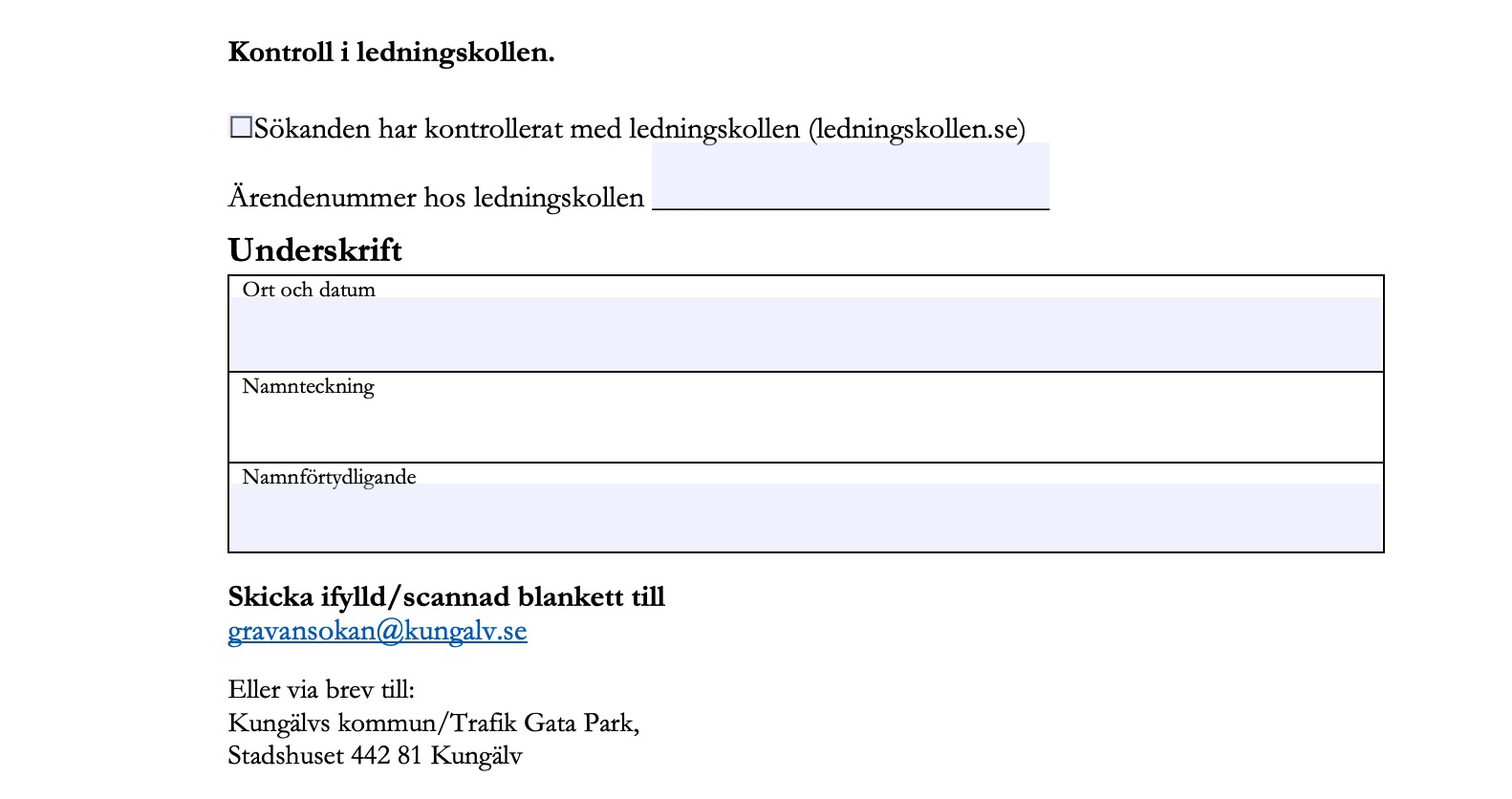 Skärmdump av Kungälv kommuns blankett för grävtillstånd.