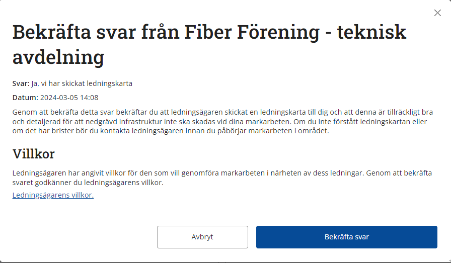 Skärmdump av vyn med Skärmdump av förtydligande av vad det innebär att bekräfta svar. Här finns också knappen för att bekräfta svaret.