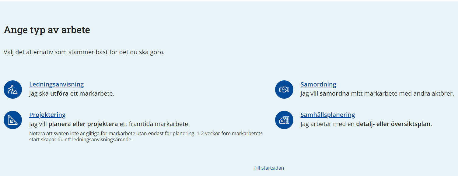 Skärmdump av sida där du väljer ärendetyp