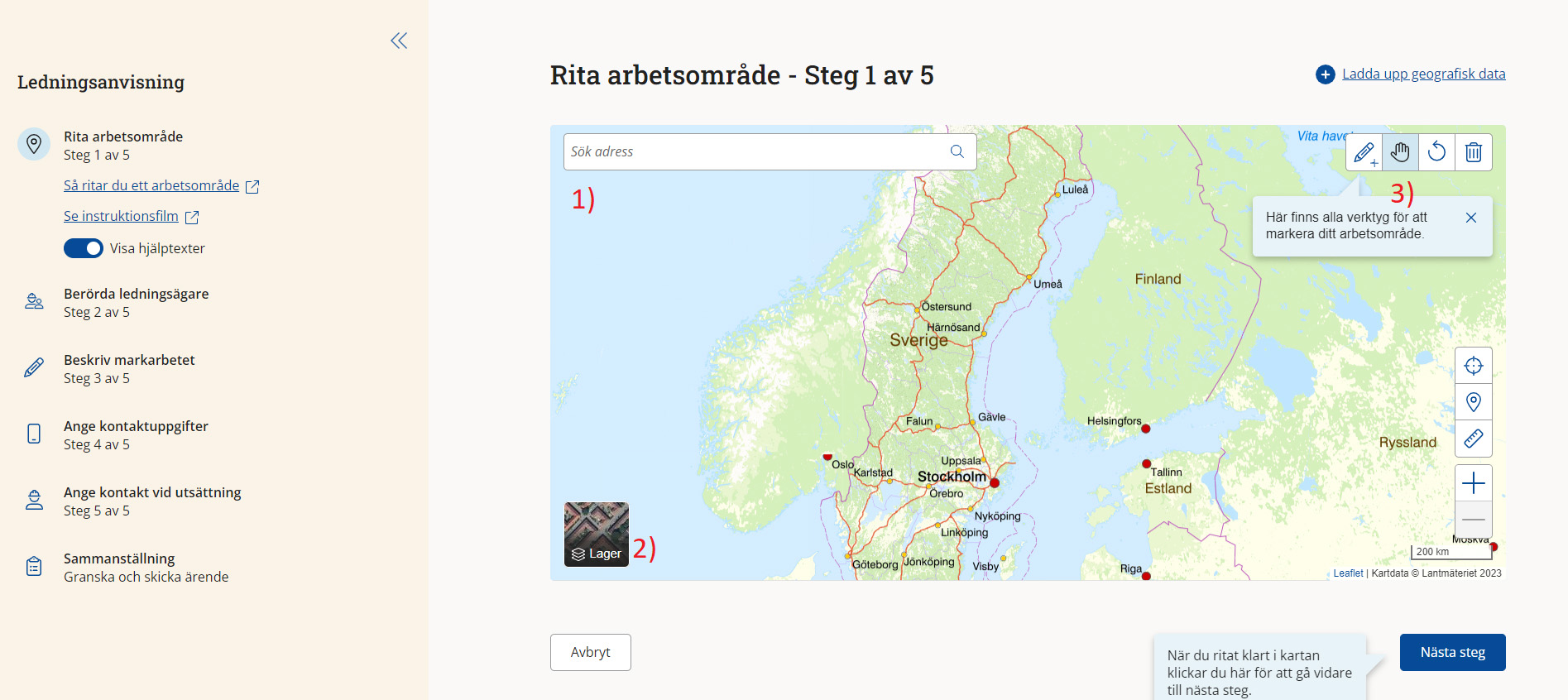 Skärmdump av sidan med karta där du ska rita ditt arbetsområde