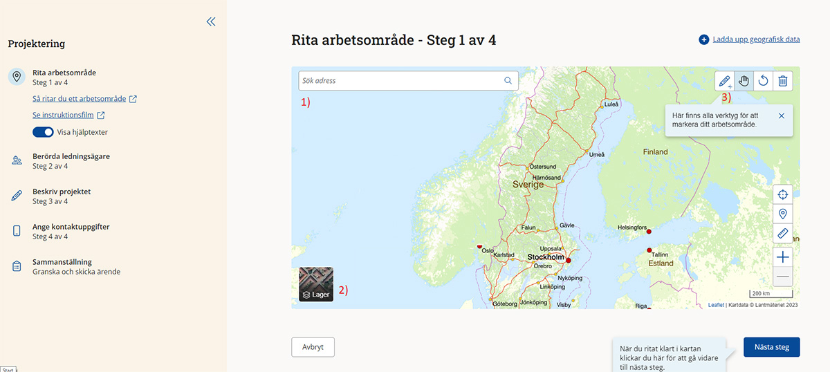 Skärmdump av sidan med karta där du ritar in dina arbetsområden.