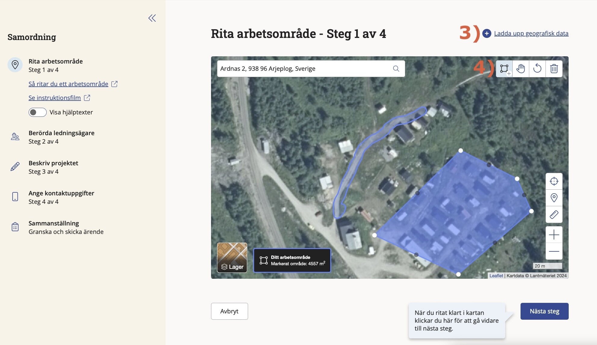 Skärmdump av kartsidan med inritade arbetsområden