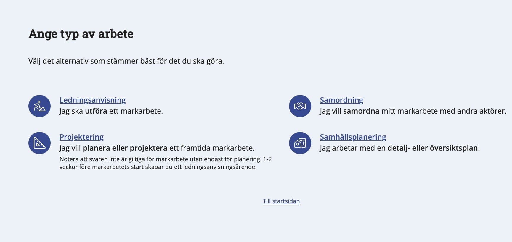 Här får användaren hjälp att välja mellan Ledningsanvisning, Projektering, Samordning och Samhällsplanering.