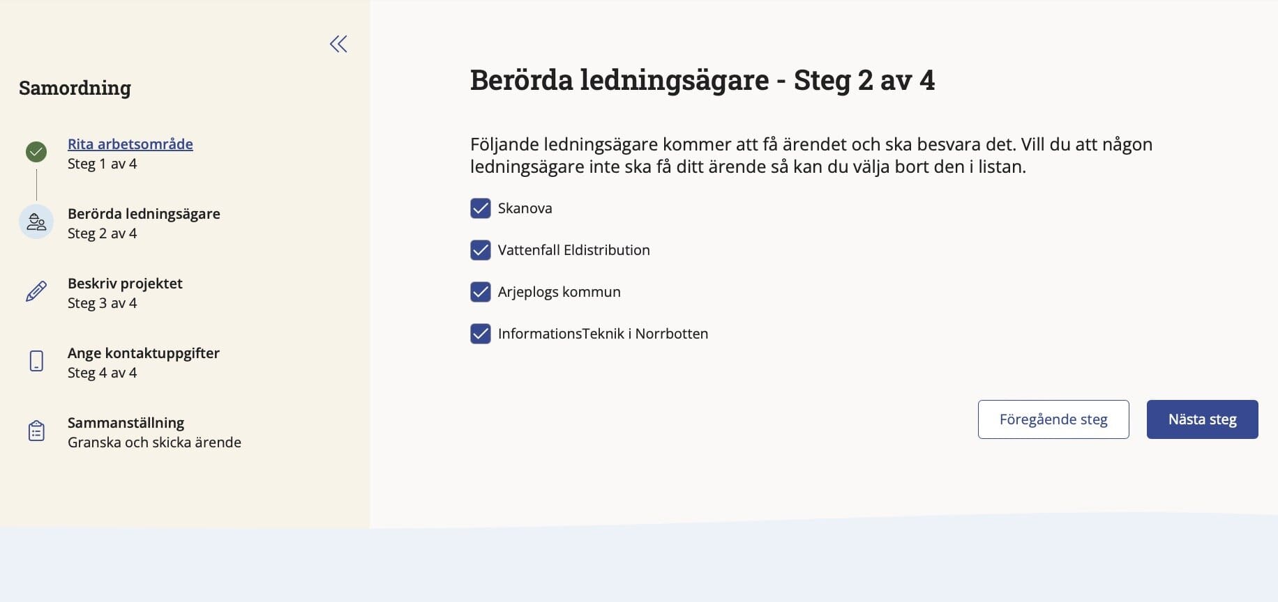 Sida med lista på de ledningsägare som är berörda av ärendet