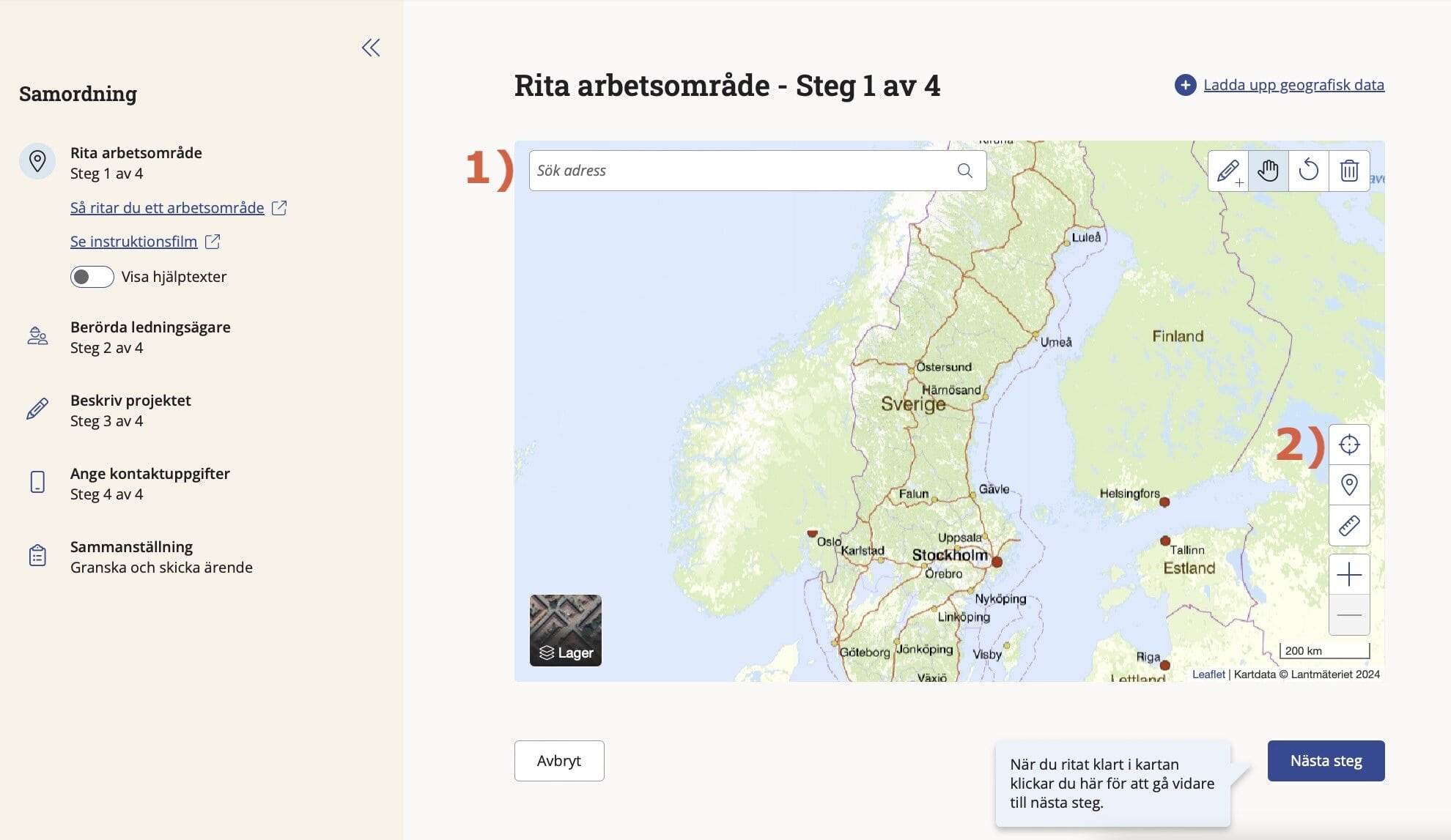 Sida med karta där du ska rita ditt arbetsområde.