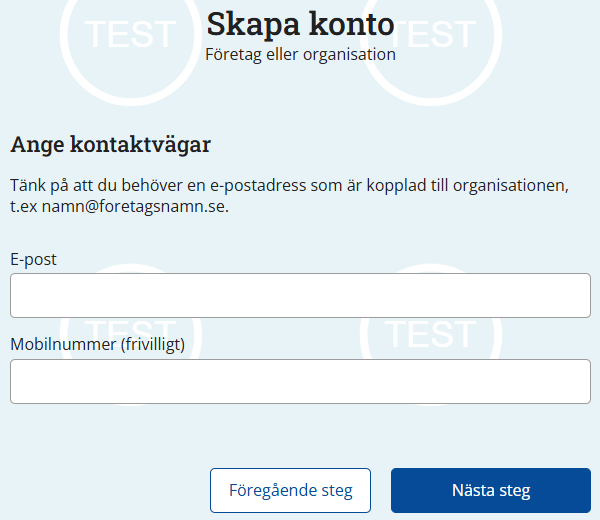 Skärmdump av sidan där du anger din e-postadress och gärna ditt mobilnummer.