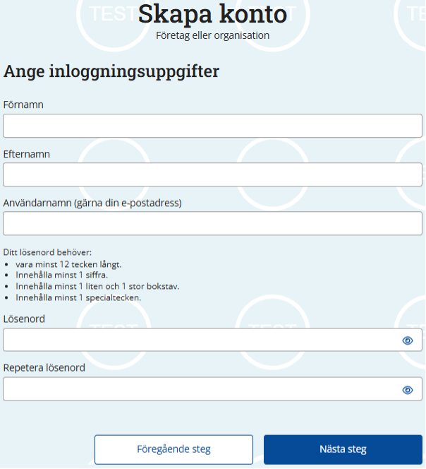 Skärmdump av sidan där du ange förnamn, efternamn, användarnamn och lösenord.