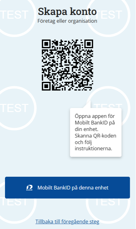 Skärmdump med sidan där du loggar in med mobilt BankID för att skapa kontot.