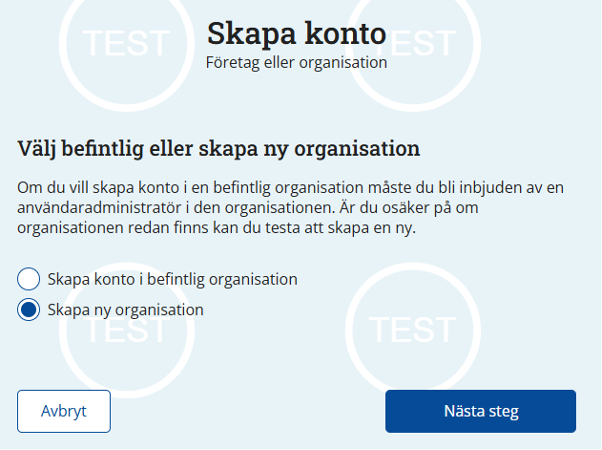 Skärmdump av sidan där du väljer om du vill skapa konto i en befintlig eller ny organisation.