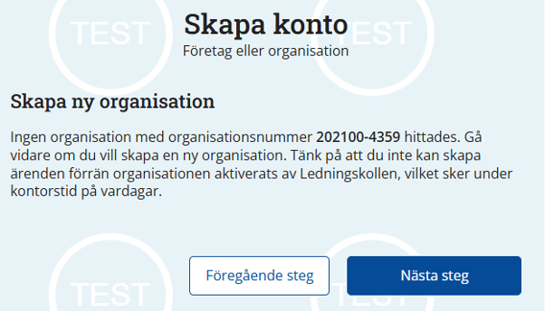 Skärmdump av sidan som visas om ingen organisation med organisationsnumret som du skrev in hittades.