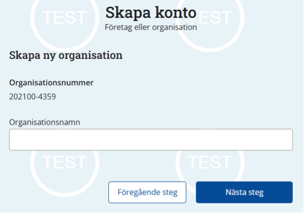 Skärmdump av sidan där du anger vilket namn organisationen ska ha.