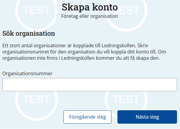 Skärmdump av sidan där du anger organisationens organisationsnummer.