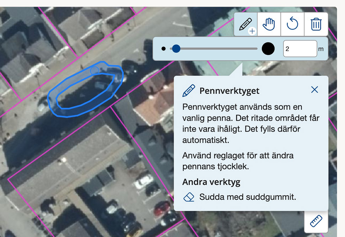 Skärmdump av flygfoto där pennverktyget använts för att markera arbetsområde.